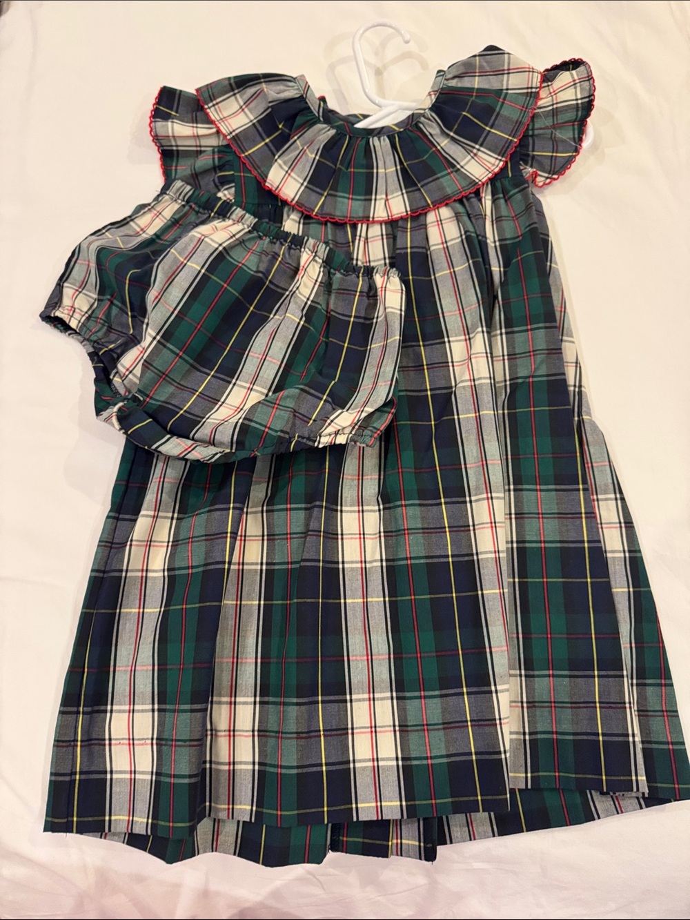 The Beaufort Bonnet Company Green Navy Plaid Ruffle Collar Dress with Bloomers